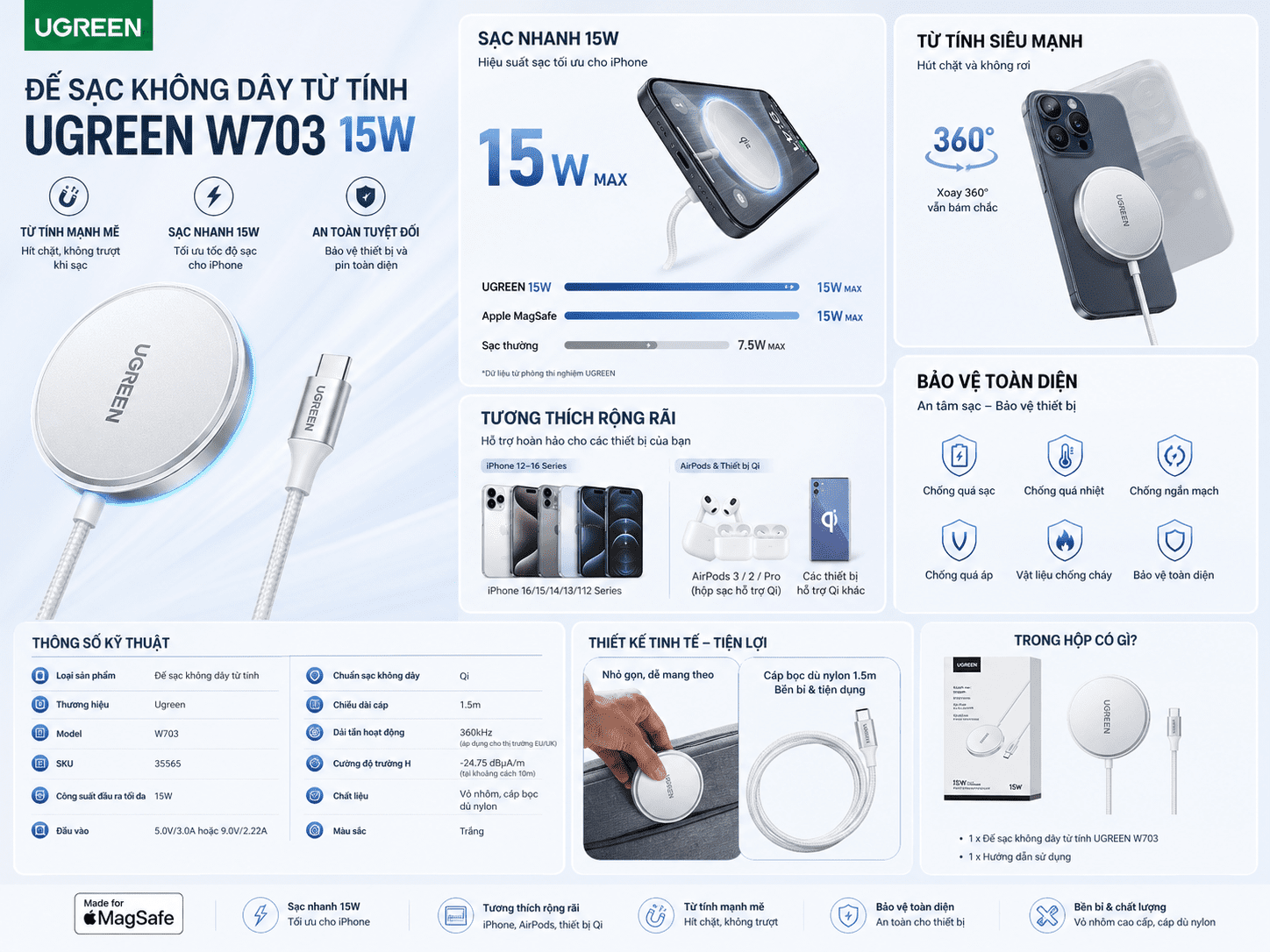  Đế sạc không dây từ tính Ugreen W703 màu trắng, vỏ nhôm, cáp dù nylon, công suất 15W