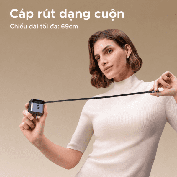 Sợi cáp dài 0,7m gắn liền trên củ sạc hỗ trợ sạc nhanh công suất lớn tối đa 45W