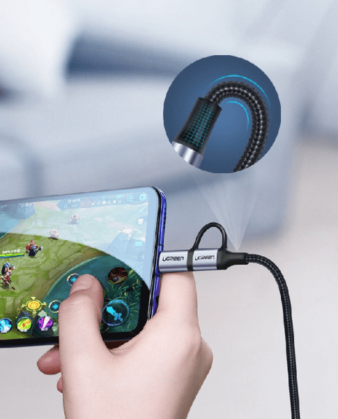  Cáp Ugreen US177 màu đen bọc lưới nylon, 1 đầu USB-A chia ra Micro USB và USB-C, dài 1m