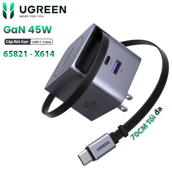 Củ sạc nhanh GaN 45W Ugreen X614 thiết kế 3 cổng sạc đi kèm cáp USB-C liền thân tiện lợi