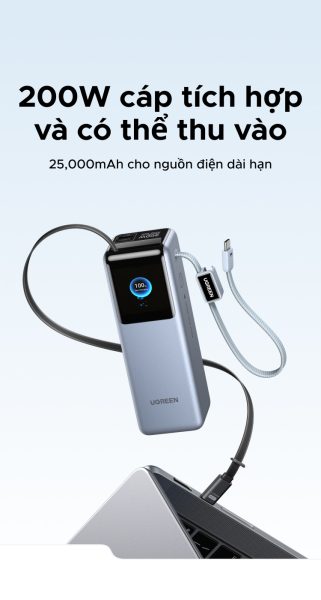 Pin dự phòng 25000mAh Ugreen PB728 Sạc ra 200W 29 2 Cáp USB-C Co Rút 100W Tích Hợp — Không cần mang cáp rời