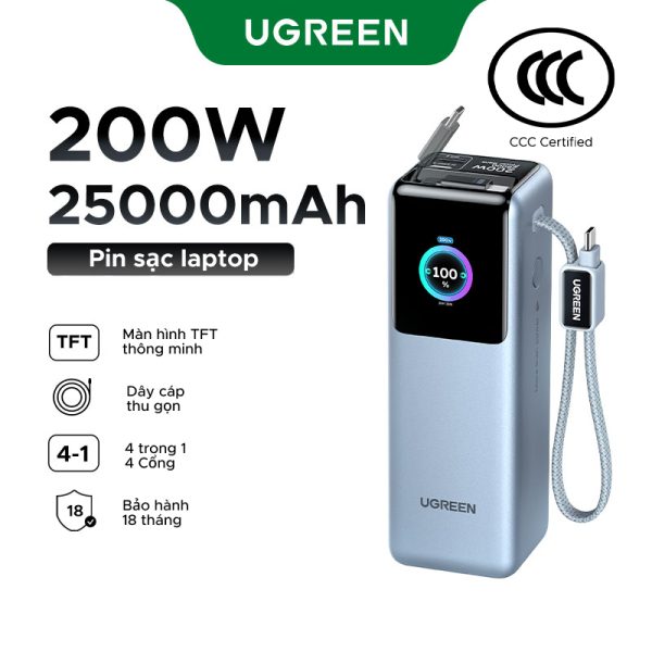 Pin dự phòng 25000mAh Ugreen PB728 Sạc ra 200W 28 Pin dự phòng 25000mAh Ugreen PB728 sạc ra 200W, 2 cáp USB-C co rút tích hợp, màn hình TFT 1,54 inch hiển thị trạng thái pin