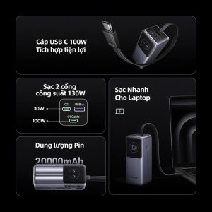 Pin dự phòng 20000mAh Ugreen PB723 Sạc ra 100W