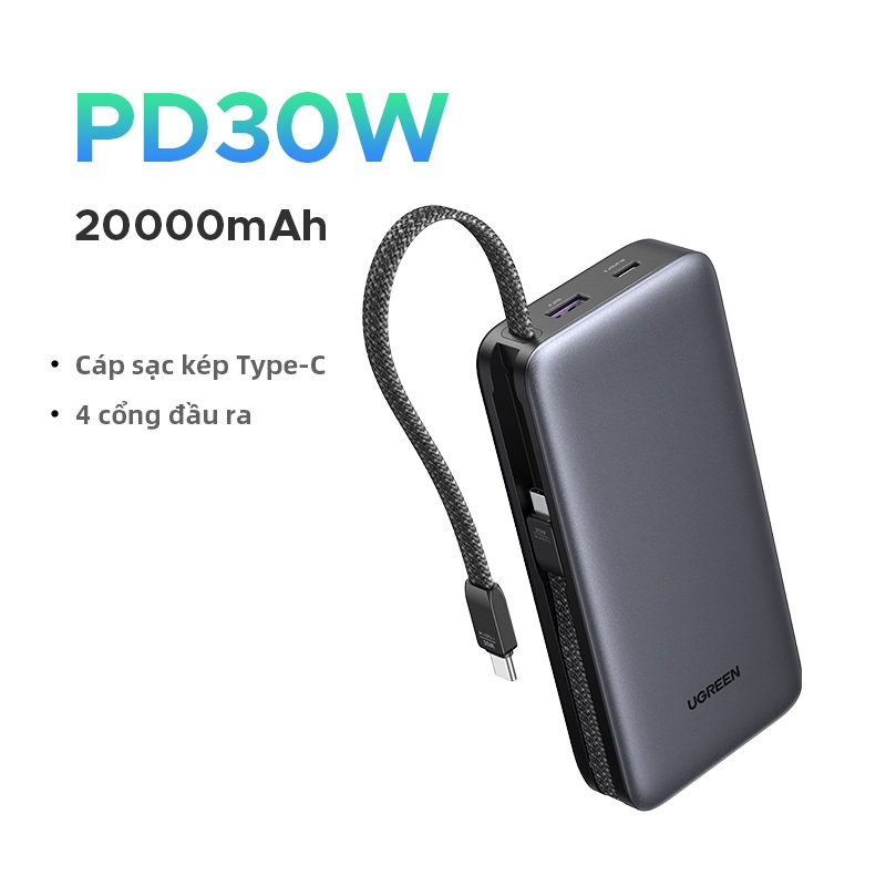 Pin dự phòng 20000mAh Ugreen PB528 Sạc nhanh 30W – 2 cáp USB-C tích hợp sẵn
