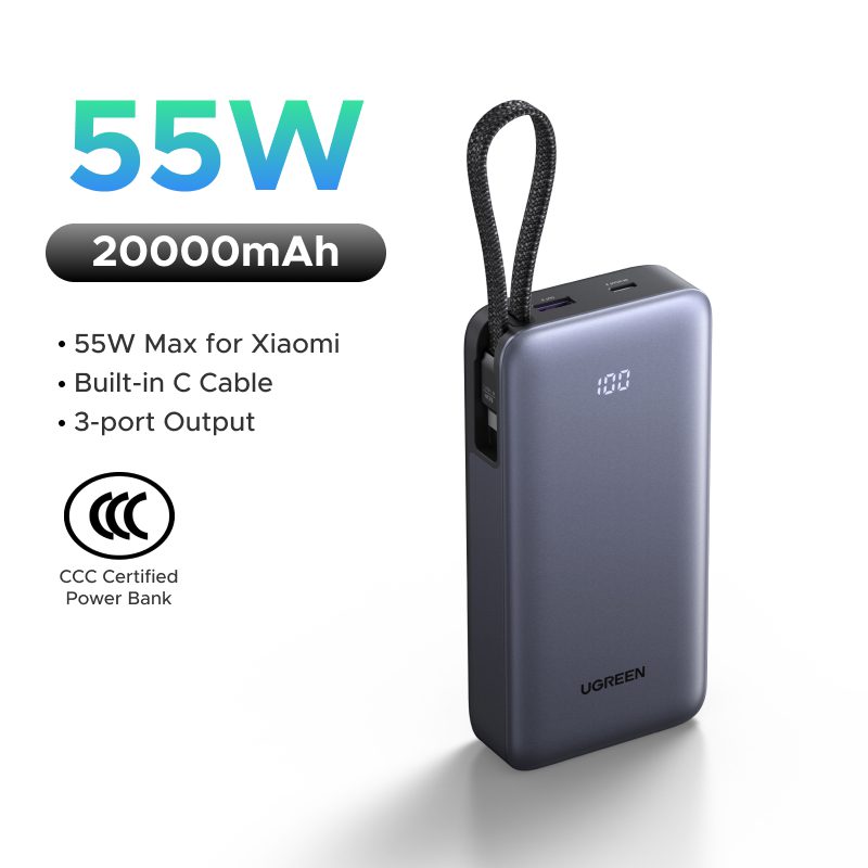 Pin dự phòng 20000mAh Ugreen PB537 Sạc nhanh 55W 1 Pin dự phòng 20000mAh Ugreen PB537 Sạc nhanh 55W – Cáp USB-C tích hợp sẵn, 74Wh mang được lên máy bay