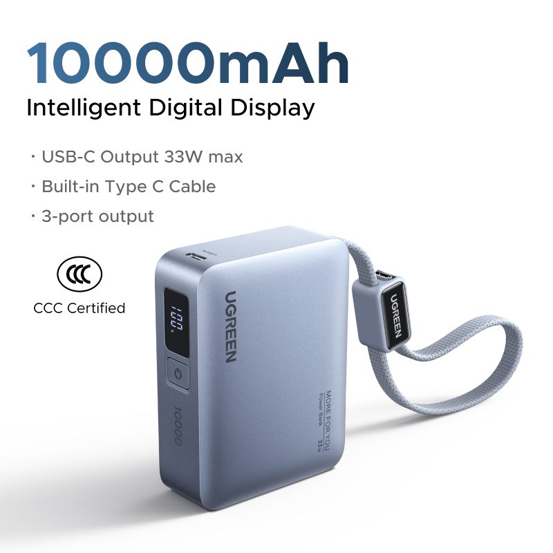 Pin dự phòng 10000mAh Ugreen PB584 Sạc nhanh 33W – 2 cổng USB-C + 1 cổng USB-A