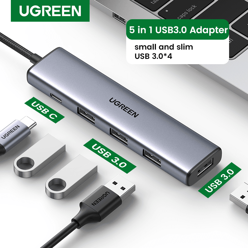 Bộ chia USB Ugreen 20805 chia 1 cổng USB3.0 sang 4 cổng USB 3.0 và một cổng USB-C