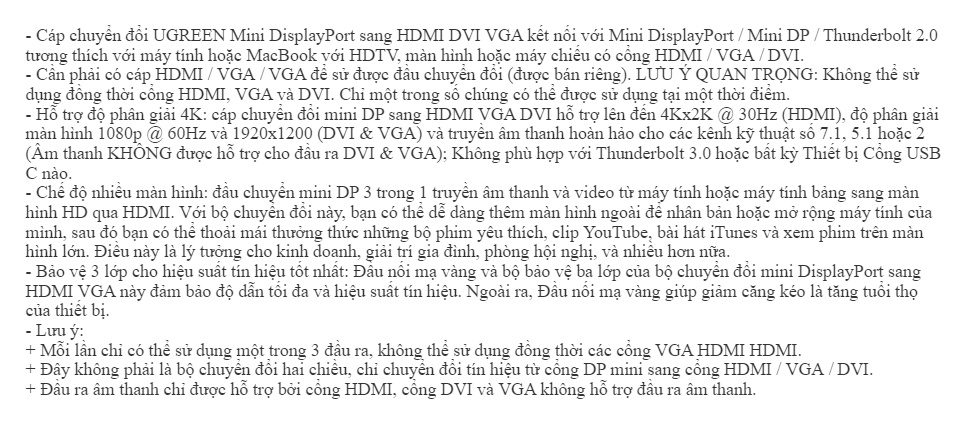 Bộ chuyển đổi Mini DP UGREEN MD114 - Chuyển sang HDMI, DVI, VGA - Hỗ trợ độ phân giải 4K*2K@30Hz