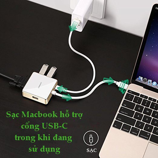 Bộ chuyển đổi USB type C sang VGA cùng Hub USB 1 cổng 3.0 và 2 cổng 2.0 hỗ trợ cổng sạc Macbook USB - C UGREEN US183 30442