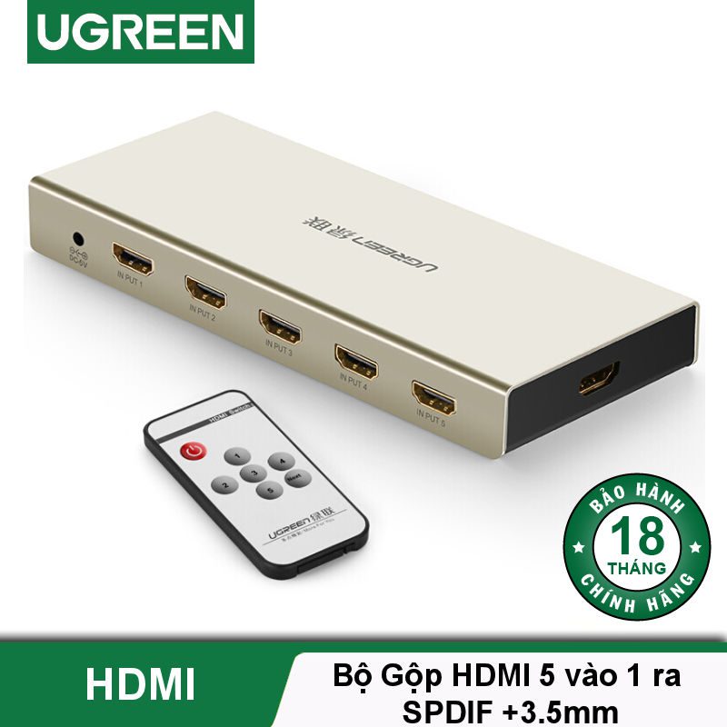 Bộ chuyển mạch HDMI UGREEN MM129 Chuyển 3 vào 1 và 5 vào 1 ra - Hỗ trợ độ phân giải 4K3D - Hỗ trợ Optical + Audio 3.5mm
