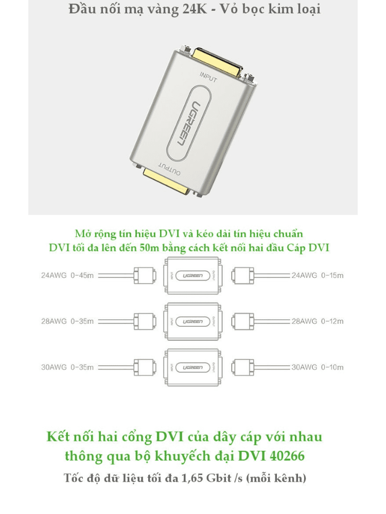 Bộ khuyếch đại + nối dài DVI-I 24+5 1080P độ phân giải cao vỏ hợp kim đầu mạ vàng UGREEN 40266 (màu bạc)