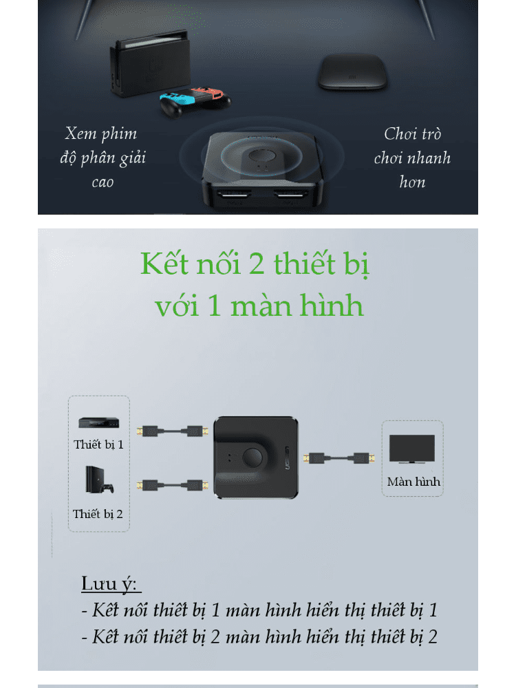Bộ Switch HDMI 2 ra 1 UGREEN CM217 (tương thích ngược 1 ra 2) chuẩn 1.4