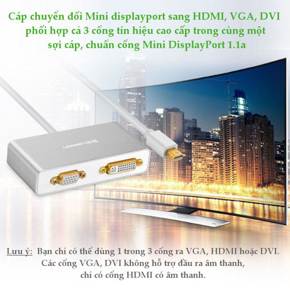 Cáp chuyển đổi (3 in 1) từ 1 cổng Mini DisplayPort sang 1 trong 3 cổng HDMI DVI-I (24+5) VGA đầu cái UGREEN MD109