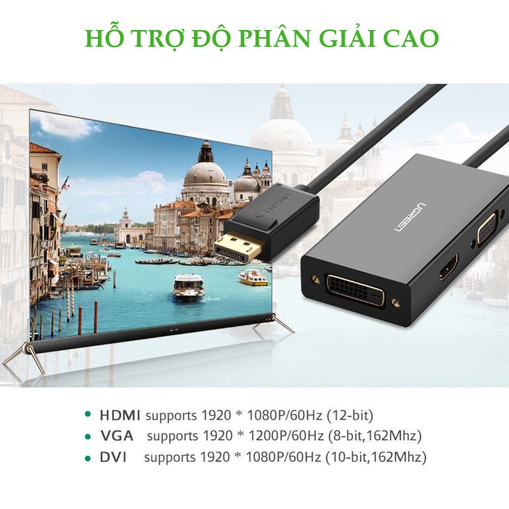Cáp chuyển đổi đa năng 1 trong 3 từ Displayport đầu đực sang HDMI + VGA + DVI-D (24+1) đầu cái UGREEN DP110 20420