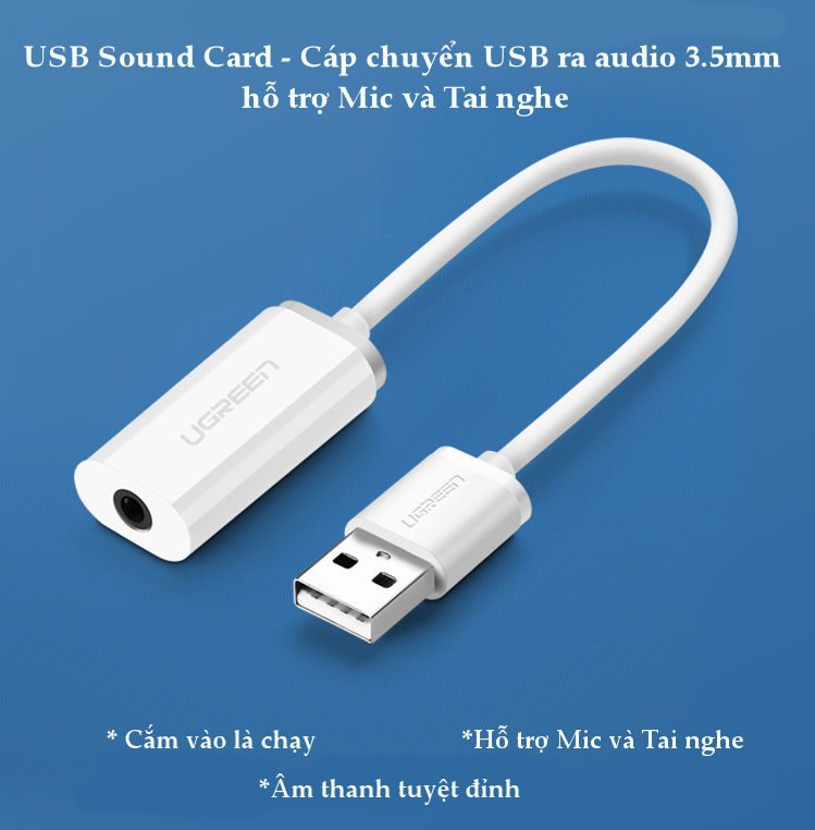 Cáp chuyển đổi từ cổng USB ra audio 3.5mm UGREEN US206hỗ trợ Mic và Tai Nghe Ugreen US206 30712