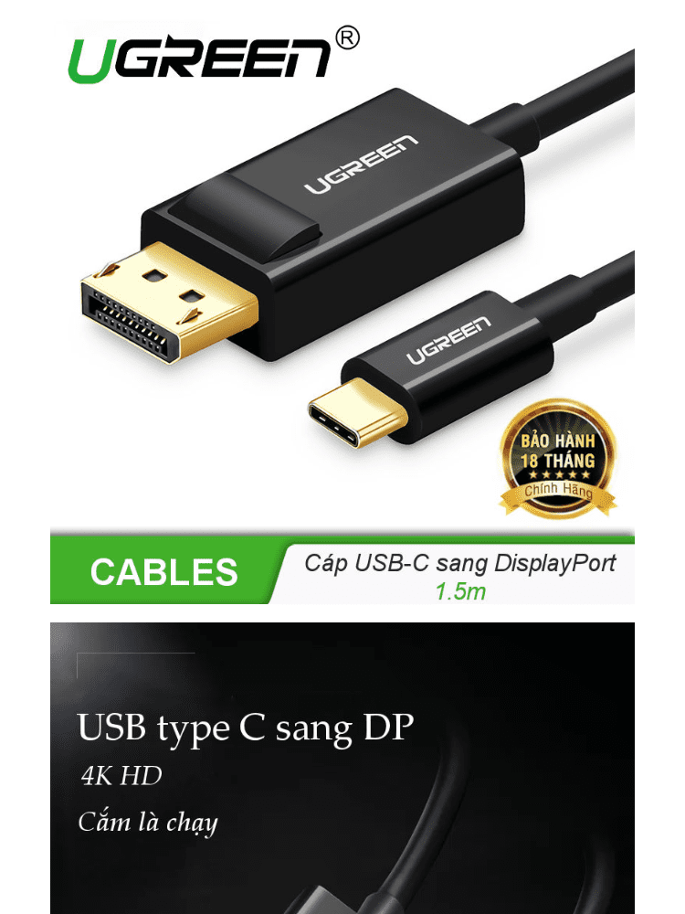 Cáp chuyển đổi Type C sang DisplayPort UGREEN MM139 Hỗ trợ độ phân giải 4k 3840x2160x30Hz dài 1.5m UGREEN MM139