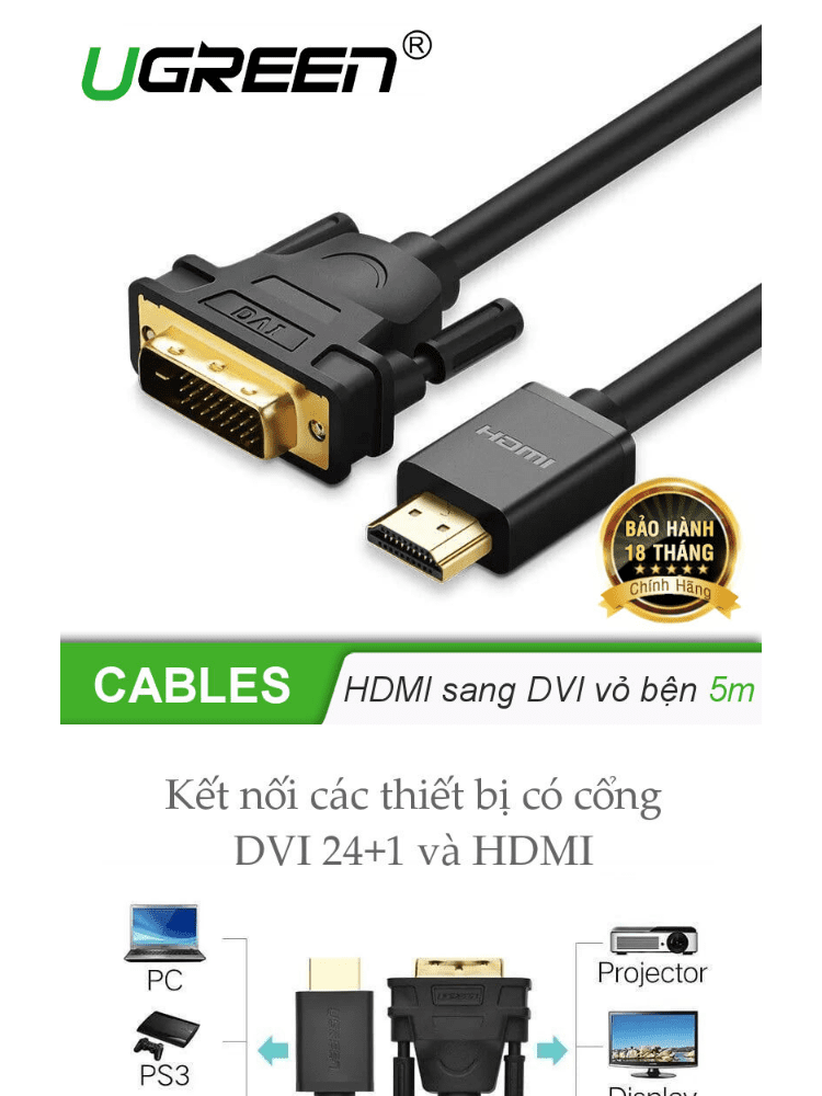 Cáp chuyển HDMI sang DVI (24+1) UGREEN HD133 - Dây bện nylon chống rối, bề mặt mạ vàng 24K