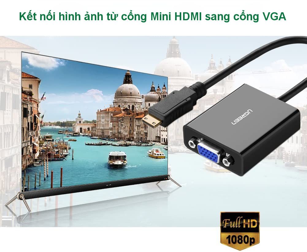 Cáp chuyển Mini HDMI sang VGA + Audio 3.5mm UGREEN MM112 - Hỗ trợ phân giải 1920*1080@60Hz - Bảo hành 18 tháng