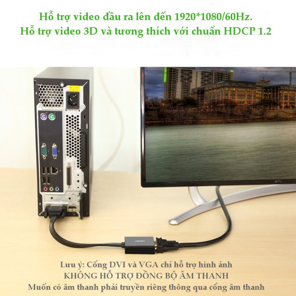 Cáp chuyển tín hiệu DVI-D (24+1) sang VGA ACTIVE (15 pin) dài 20CM UGREEN 40259 (màu đen)