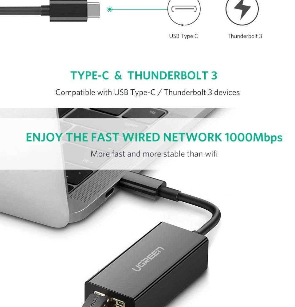 Cáp chuyển Type C sang đầu mạng UGREEN US236 Đầu mạng Ethernet RJ45 Gigabit tốc độ mạng 1000 Mbps, khả năng tương thích rộng