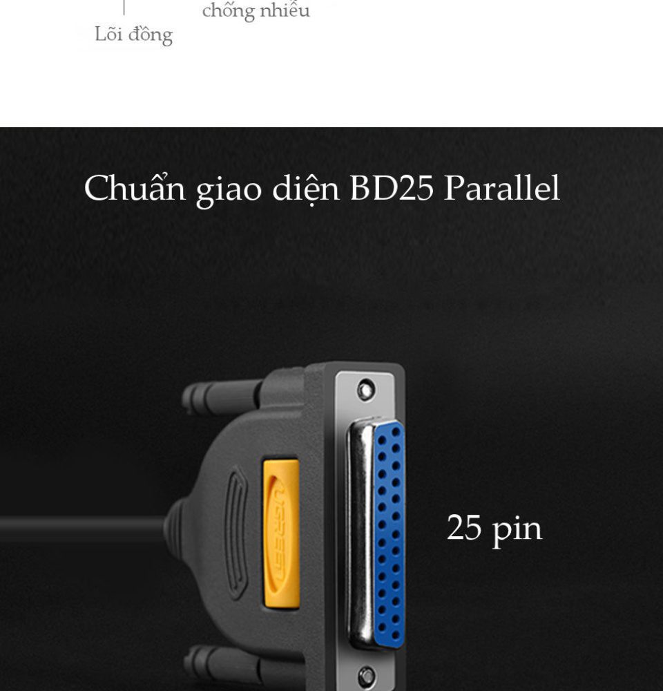 Cáp máy in UGREEN US167 Cổng USB 2.0 sang cổng BD25 Parallel (hỗ trợ đời máy in cũ) - Truyền tải dữ liệu nhanh và ổn định