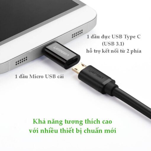 Đầu chuyển Micro USB  sang USB type C hỗ trợ chức năng OTG cho One plus 6 5 Xiaomi mi 8 Huawei.. UGREEN US157