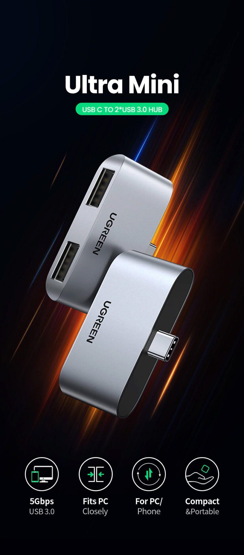 Đầu chuyển Type C sang 2 cổng USB3.0 UGREEN CM412 - Tốc độ truyền 5Gbps - Khả năng tương thích rộng, vỏ hợp kim tản nhiệt tốt