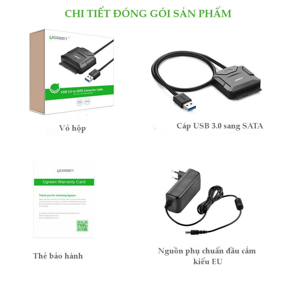 Dây chuyển đổi USB 3.0 sang SATA kèm dây nguồn 12V2A dài 25-50CM UGREEN CR108 ( 20231 ) 20611 20636