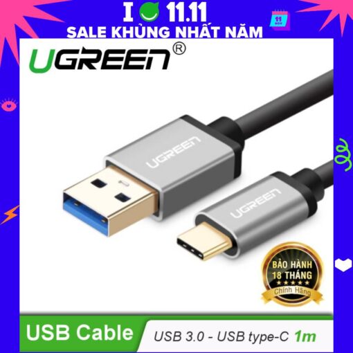 Dây USB 3.0 đầu đực sang USB type C đầu đực chính hãng UGREEN US187 30533 (màu ghi xám)(Xám)