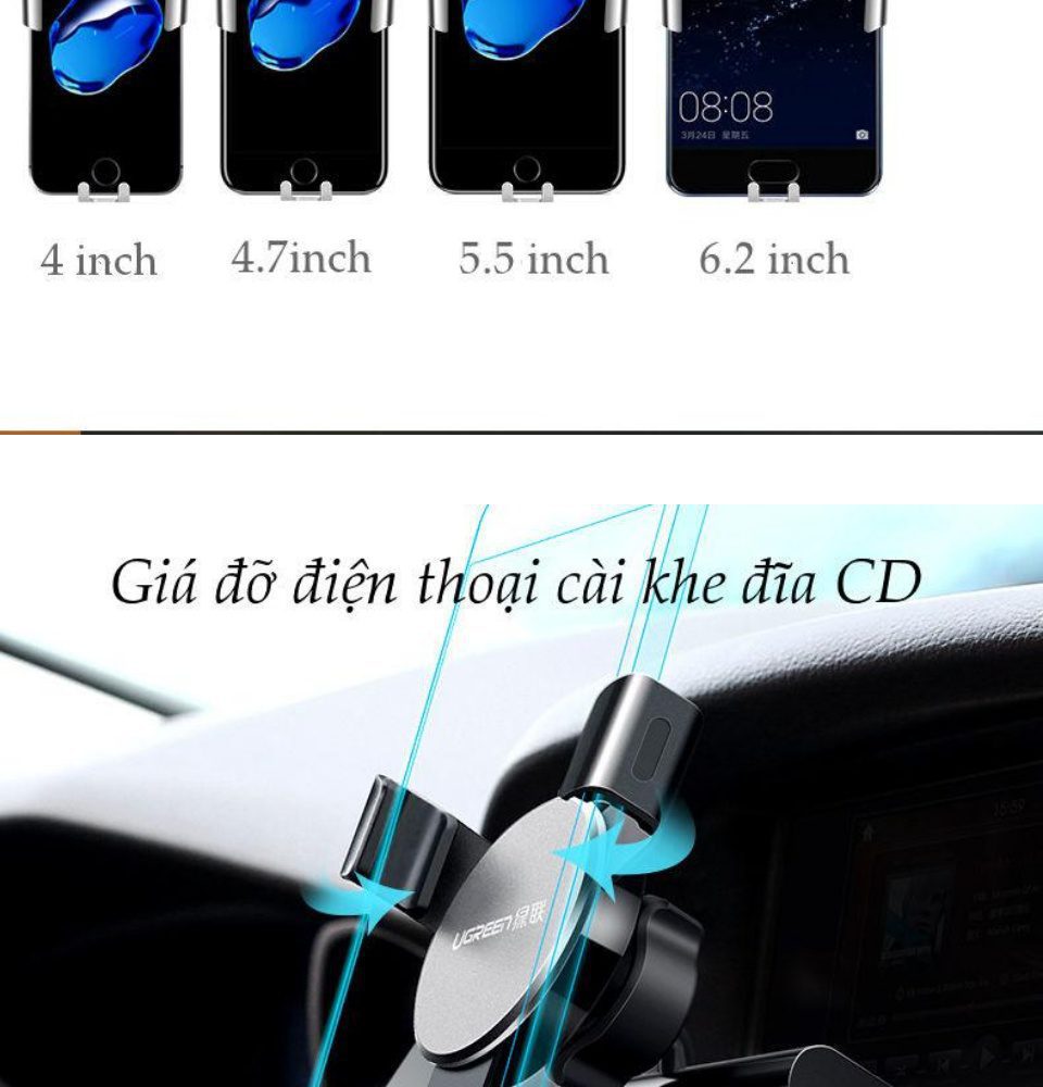 Giá đỡ điện thoại UGREEN LP144 - Kẹp khe đĩa CD trên ô tô - Tương thích màn hình kích thước từ 4-6.2 inch, chất liệu hợp kim nhôm