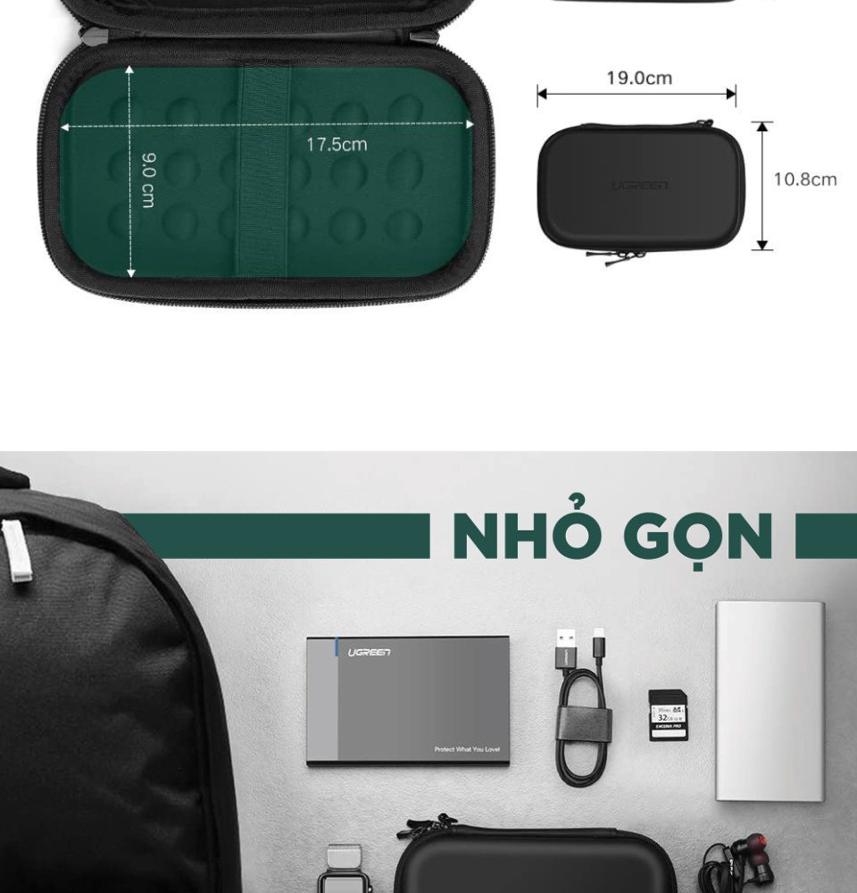 Hôp đựng phụ kiện UGREEN 40707 Kích thước 16.5x10.3x4.5cm - Đựng ổ cứng 2.5 và các phụ kiện như tai nghe, dây sạc, ổ Flash,…