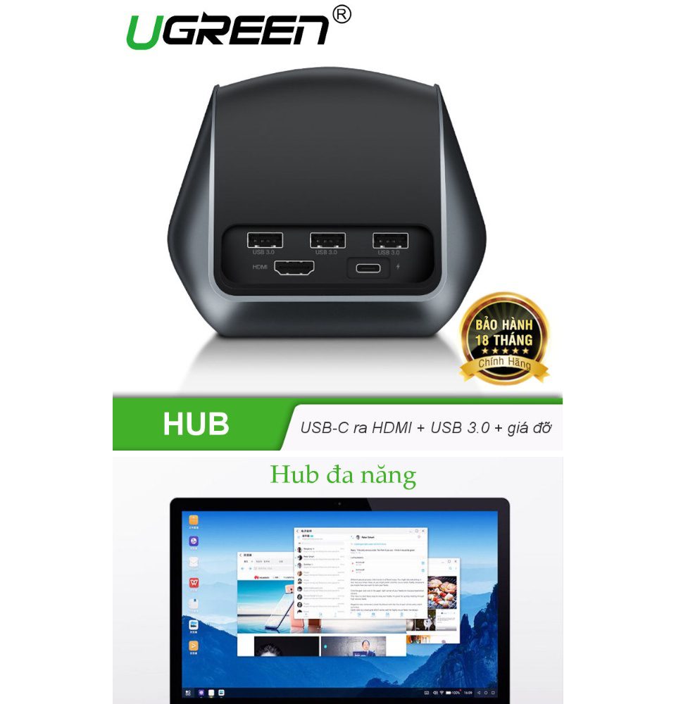 Hub Type C UGREEN CM181 - Mở rộng sang 3 cổng USB 3.0, HDMI, hỗ trợ PD, kiêm chức năng giá đỡ, cốc sạc cho điện thoại thông minh