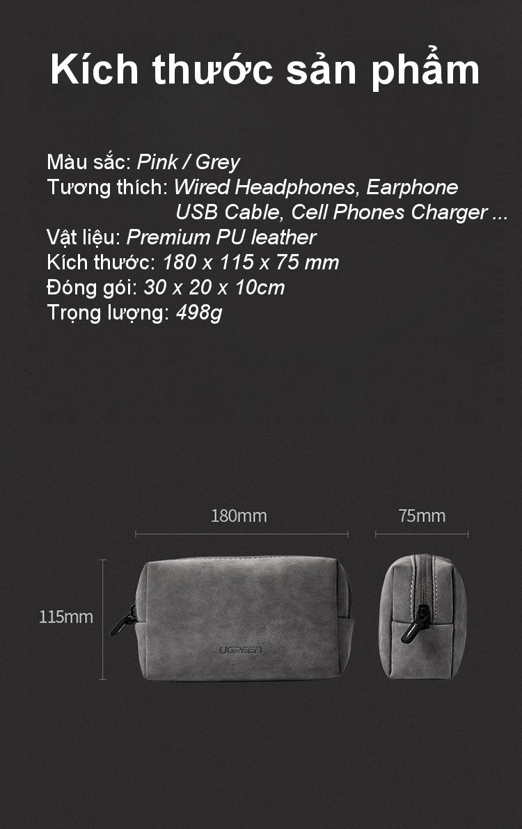 Túi đựng phụ kiện UGREEN LP285 - Chất liệu bằng da PU cao cấp, chống thấm nước