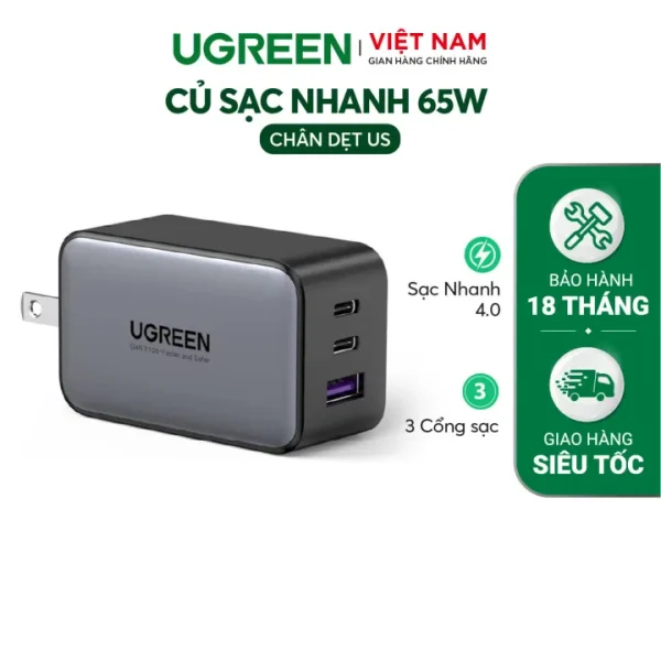Củ sạc nhanh 65W GaN Ugreen CD244 - Chân US, Đen-Ghi