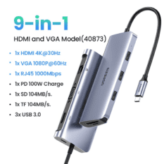 Bộ chuyển đổi Type C sang 3 USB 3.0 + HDMI + VGA + LAN + SD/TF + hỗ trợ nguồn Type C Ugreen 40873