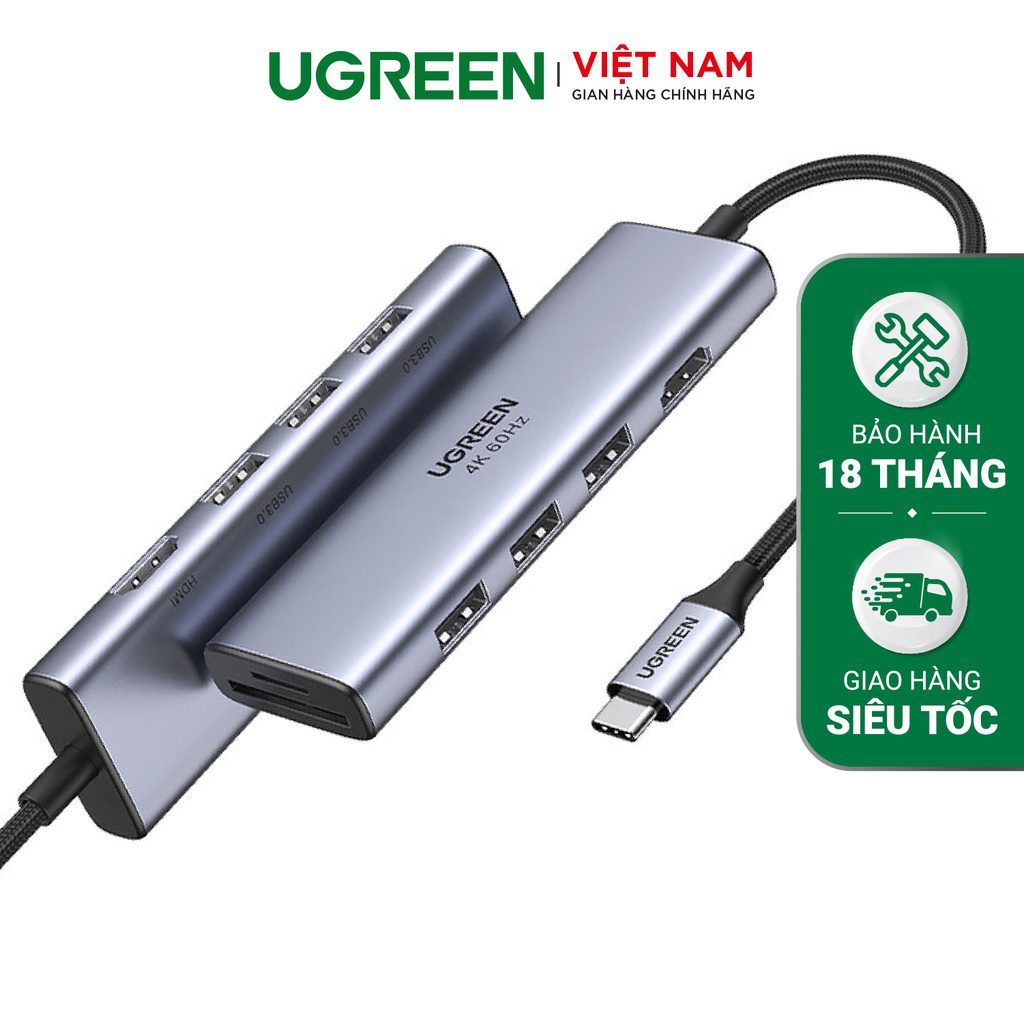 Bộ chuyển đổi Type C UGREEN 60384 Chuyển sang HDMI + USB 3.0*2 + SD/TF + PD phân phối chính hãng Ugreen