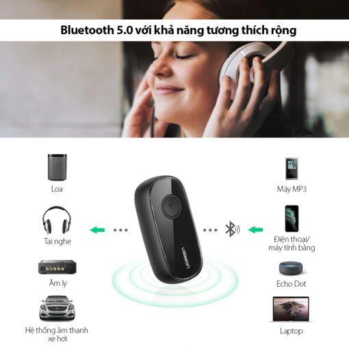 Bộ nhận âm thanh Bluetooth 5.0 UGREEN CM279 Hỗ trợ chuẩn âm thanh APTX - Độ trễ thấp, có micro hỗ trợ đàm thoại - Pin hoạt động 10 giờ liên tục
