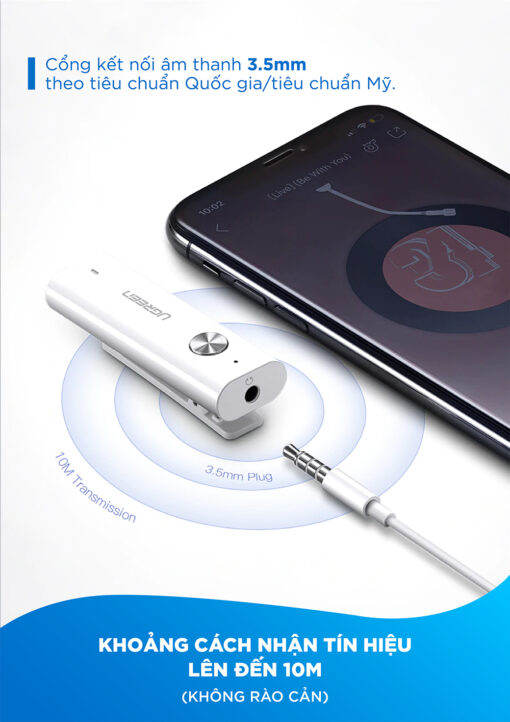Bộ thu Bluetooth 5.0 UGREEN CM110 - Truyền tải âm thanh Hifi chất lượng cao - Hỗ trợ Micro bộ chuyển đổi Bluetooth AUX 3.5mm dùng cho tai nghe hỗ trợ MIC kết hợp với máy tính bảng điện thoại