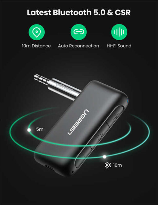 Bộ thu Bluetooth 5.0 UGREEN CM276 - Truyền tải chất lượng âm thanh Hifi - Chân cắm 3.5mm cho xe hơi - Tuổi thọ pin lên đến 300 giờ