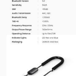 Bộ thu Bluetooth 5.0 UGREEN CM309 70603 - Bluetooth 5.0, dây lò xo tiện lợi, chống rối - Vỏ hợp kim