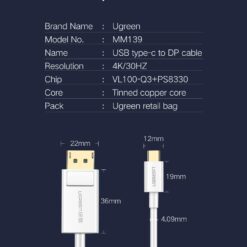 Cáp chuyển đổi Type C sang DisplayPort UGREEN MM139 Hỗ trợ độ phân giải 4k 3840x2160x30Hz dài 1.5m UGREEN MM139
