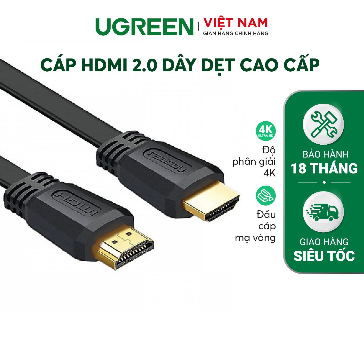 Cáp HDMI 2.0 UGREEN ED015 Hỗ trợ độ phân giải 4Kx2K 3D Full HD1080 dạng dây dẹt – Ugreen Việt Nam
