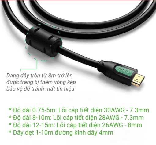 Cáp HDMI 2.0 UGREEN HD101 Thuần đồng 100% 19+1 dùng cho Tivi máy tính máy chiếu màn hình... độ dài từ 1-15m