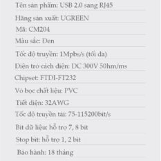 Cáp Console UGREEN CM204 Chuyển USB 2.0 sang RJ45 FTDI (chuẩn 8 pin)