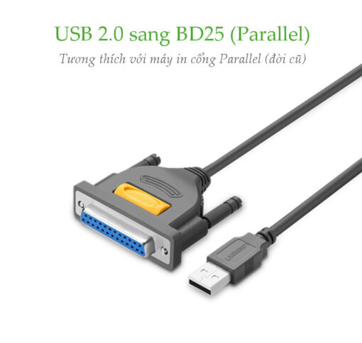 Cáp máy in UGREEN US167 Cổng USB 2.0 sang cổng BD25 Parallel (hỗ trợ đời máy in cũ) - Truyền tải dữ liệu nhanh và ổn định
