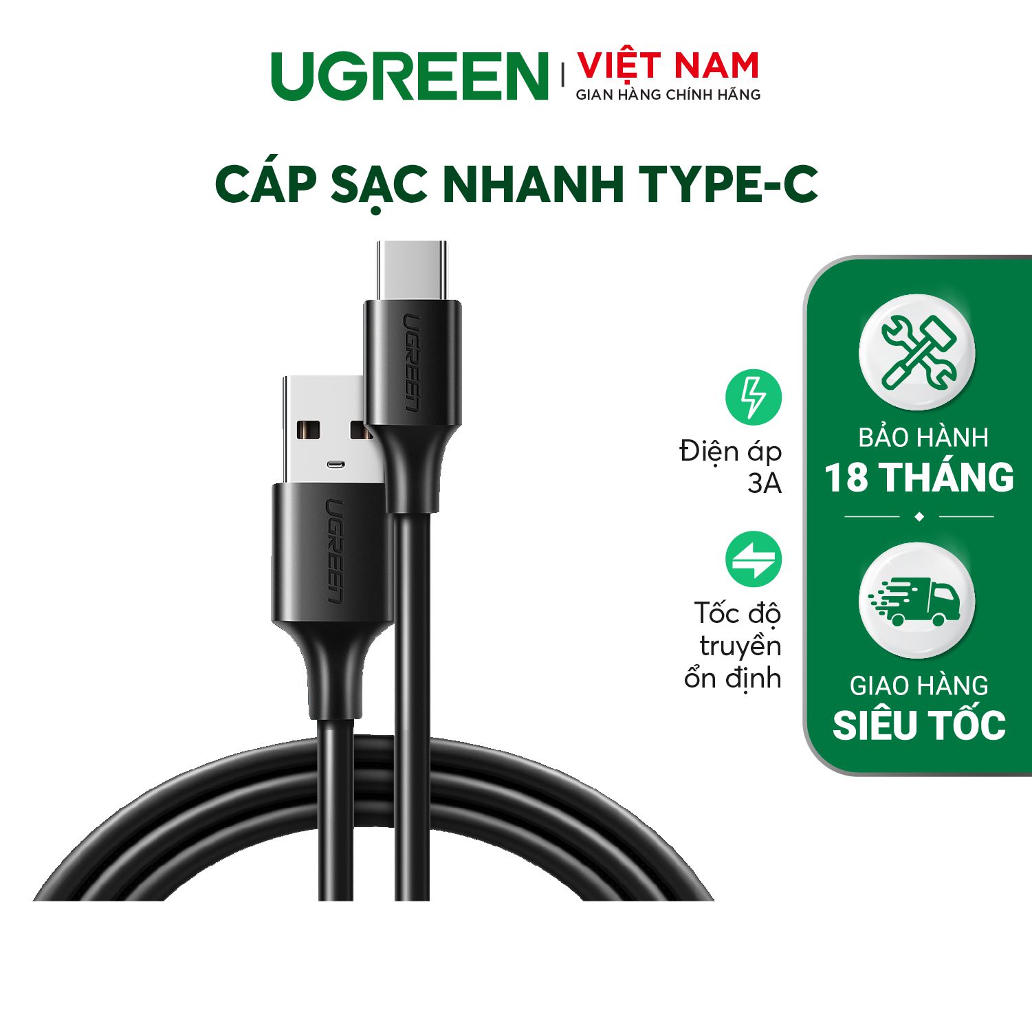 Cáp sạc nhanh Type C UGREEN US287 - Dòng sạc tối đa 3A, tương thích rộng với nhiều dòng điện thoại khác nhau – Ugreen Việt Nam