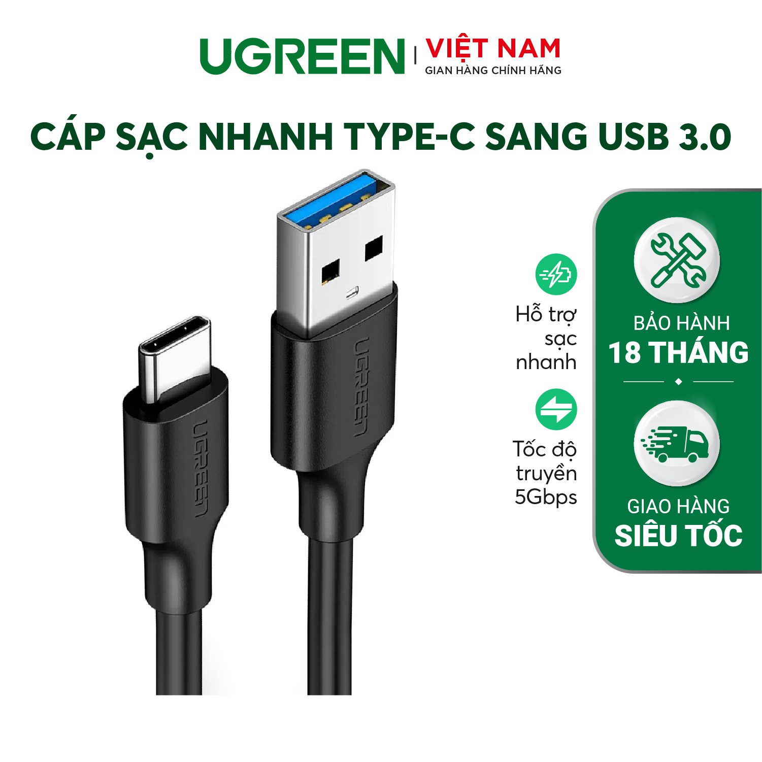 Cáp sạc và truyền dữ liệu Type C UGREEN US184 - Sạc nhanh dòng 3A, tốc độ truyền lên đến 5Gbps – Ugreen Việt Nam