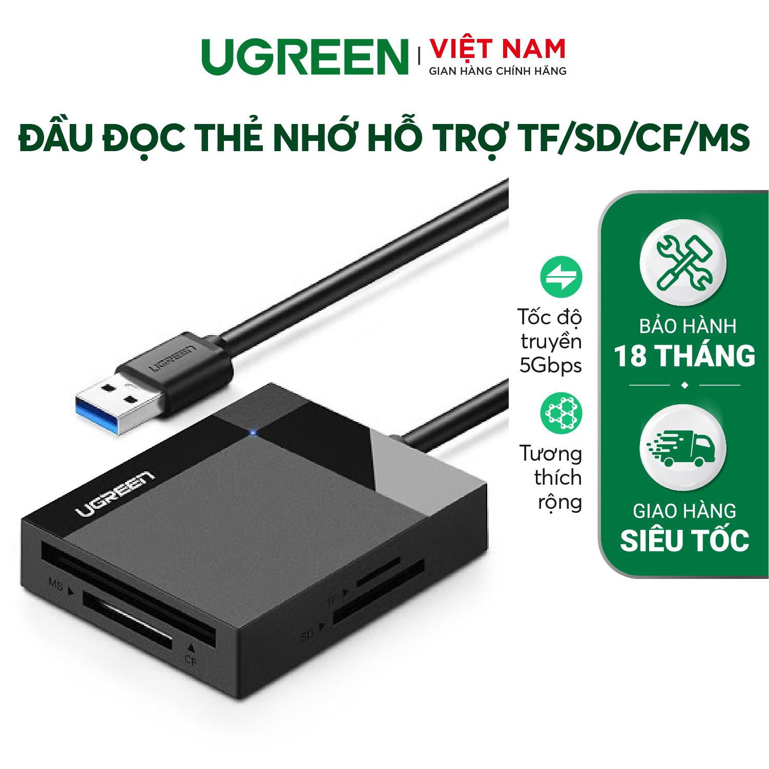 Đầu đọc thẻ Ugreen USB3.0 UGREEN 30231 Hỗ trợ thẻ TF/SD/CF/MS dài 1m – Ugreen Việt Nam