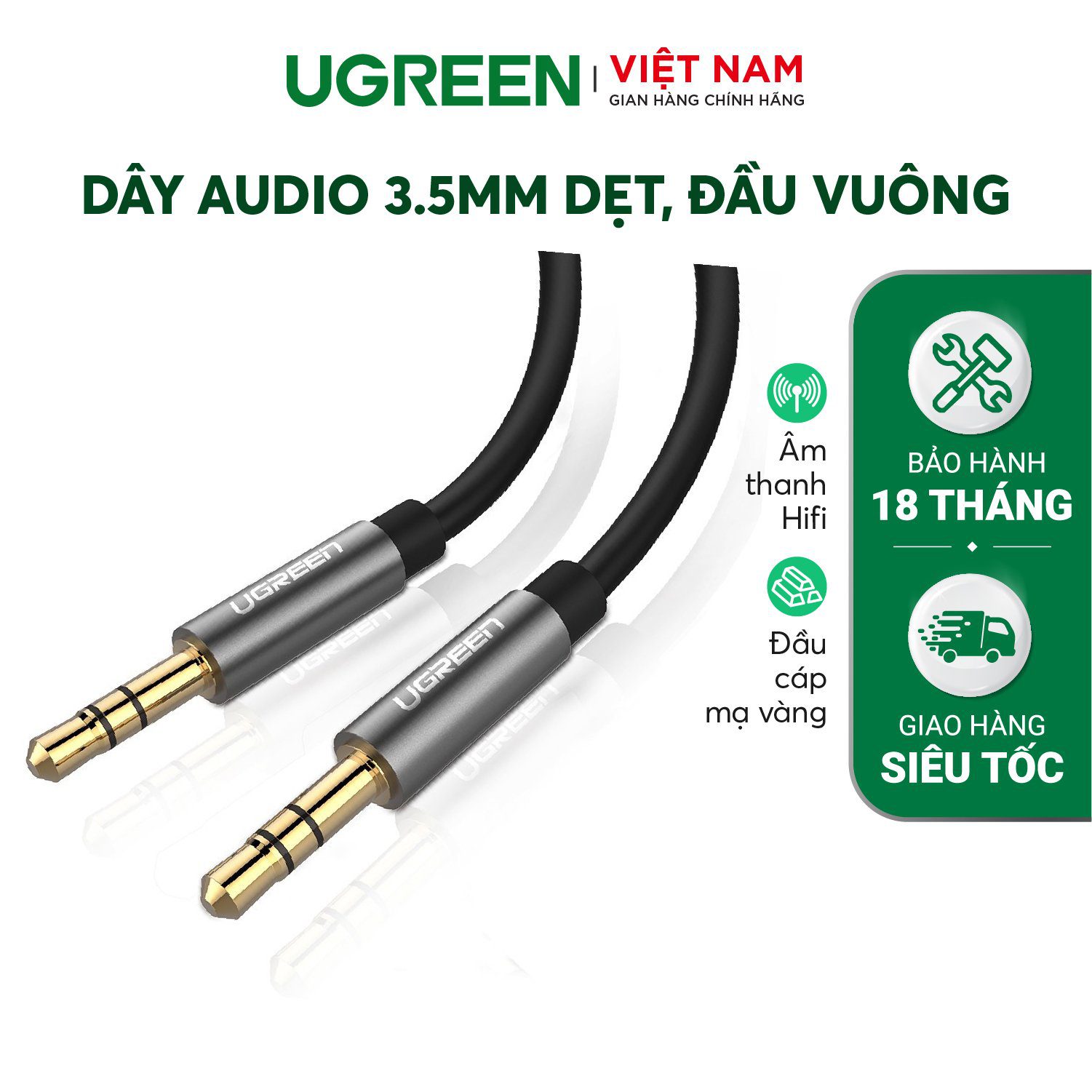 Dây Audio 3.5mm 2 đầu đực dạng cáp tròn mạ Vàng 24K TPE UGREEN AV119 – Ugreen Việt Nam