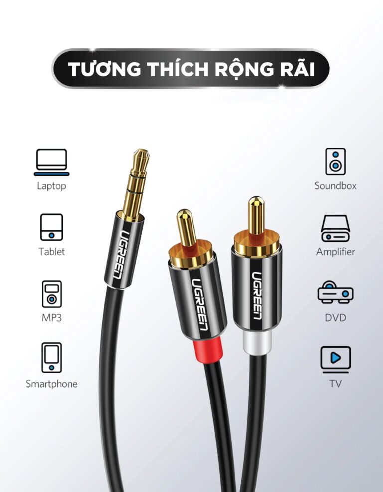 Dây Audio 3.5mm ra 2 đầu RCA (Hoa sen) dài 1M UGREEN AV116 10749